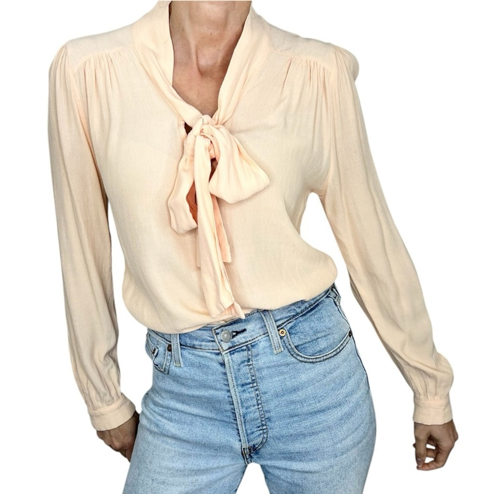 House of Foxy vtg inspired 40s peach kitty bow tie neck long sleeve blouse UK 10